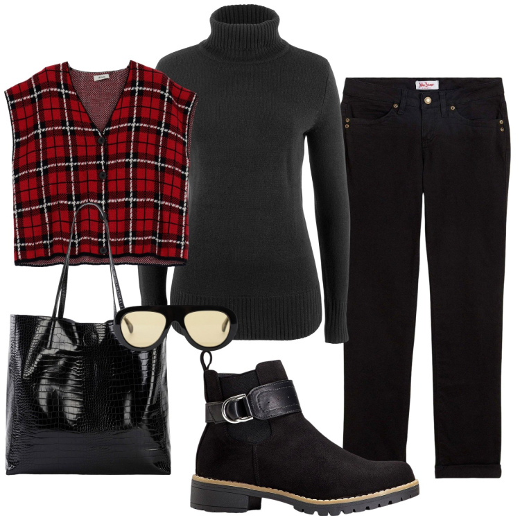 Outfit donna - Total look #2241297. Stile Casual per Tutti i giorni. Abbinamento con jeans dritti, maglieria, shopping bag, stivaletti, occhiali da sole, gilet.