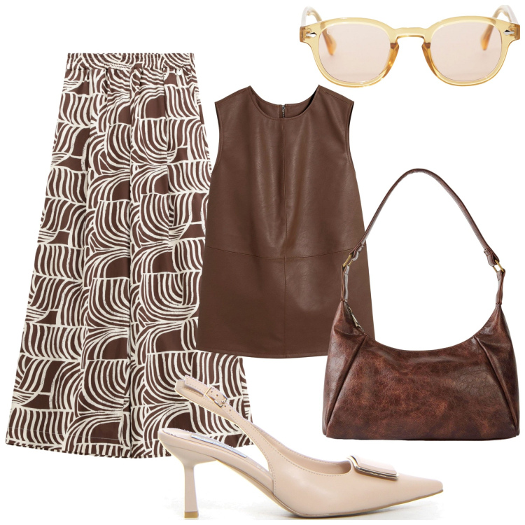 Outfit donna - Il top e la borsa in pelle. Stile Casual chic per Tutti i giorni. Abbinamento con borse a mano, top, pantaloni, occhiali da sole, décolleté.