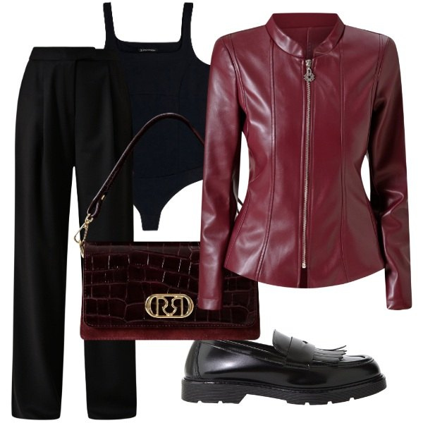 Outfit donna - il Blazer bordeaux. Stile Casual per Tutti i giorni. Abbinamento con blazer, pantaloni, borse a mano, mocassini, body.
