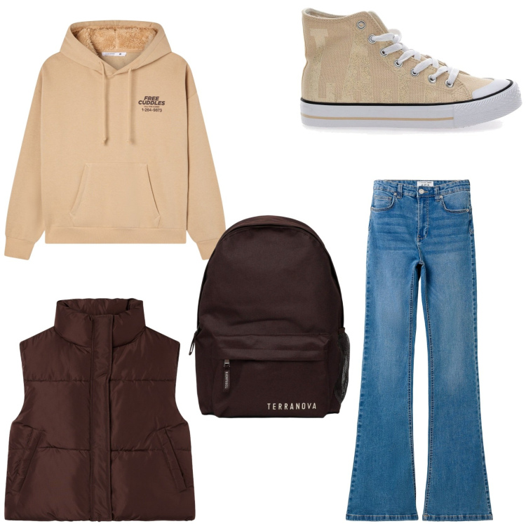 Outfit donna - Primi freddi in città. Stile Basic per Scuola/Università. Abbinamento con zaini, jeans a zampa, piumini, felpe con cappuccio, sneakers.