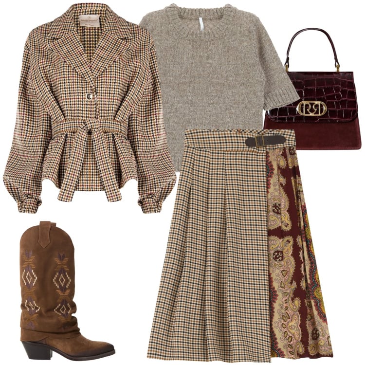Outfit donna - Total look #2241307. Stile Boho per Tutti i giorni. Abbinamento con caban, borse a mano, maglieria, stivali, gonne.