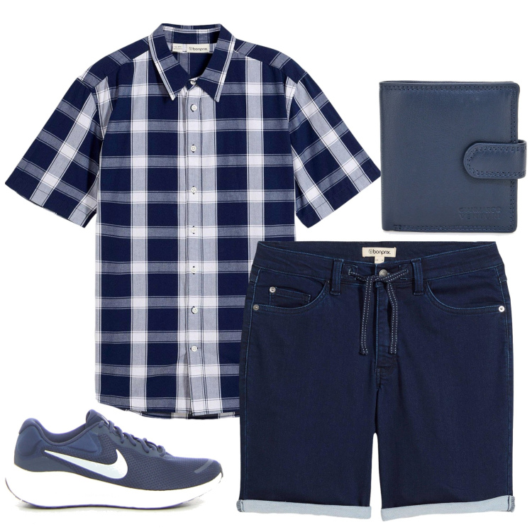 Outfit uomo - A quadri blu. Stile Trendy per Tutti i giorni. Abbinamento con camicie a manica corta, bermuda, portafogli, sneakers.