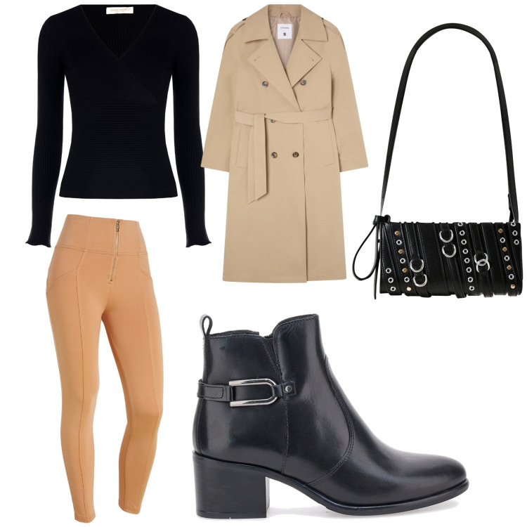 Outfit donna - Atmosfera autunnale. Stile Casual per Tutti i giorni. Abbinamento con trench, borse a spalla, maglieria, pantaloni skinny, stivaletti.