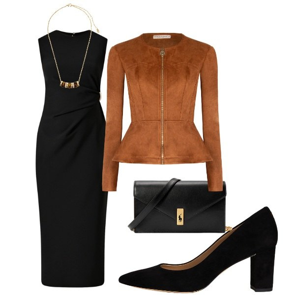 Outfit donna - vestito midi. Stile Casual per Serata fuori. Abbinamento con blazer, vestiti a tubino, décolleté, clutch, collane.