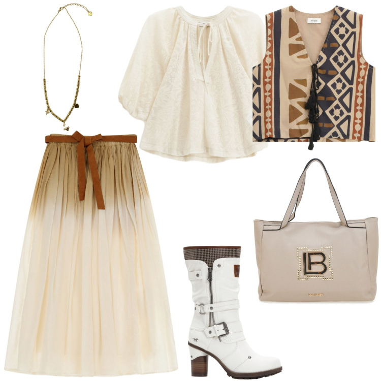 Outfit donna - Boho autunno. Stile Boho per Tutti i giorni. Abbinamento con stivali, ciondoli, gonne lunghe, camicie, gilet, borse a spalla.