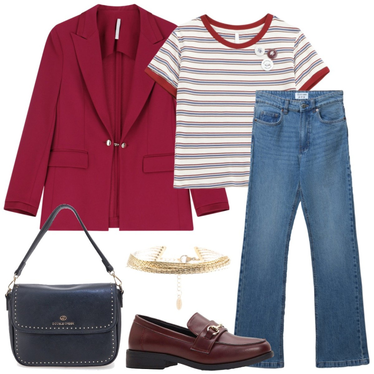 Outfit donna - Stile college. Stile Preppy per Tutti i giorni. Abbinamento con mocassini, jeans bootcut, blazer, t-shirt, braccialetti, borse a tracolla.
