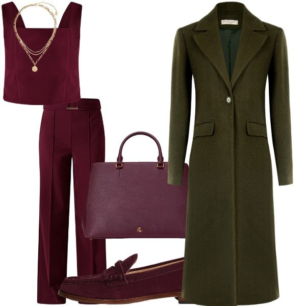 Outfit donna - maxi cappotto. Stile Casual per Tutti i giorni. Abbinamento con cappotti, pantaloni, top, borse a mano, ciondoli, mocassini.