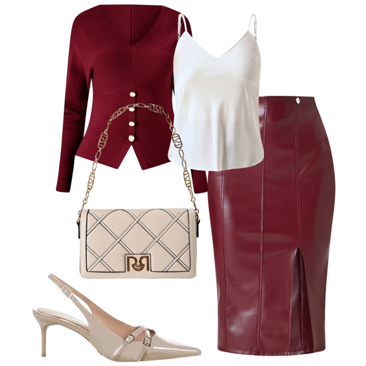 Outfit donna - Rinascimento FW26. Stile Glamour per Ufficio. Abbinamento con gonne longuette, maglieria, top, décolleté, borse a tracolla.