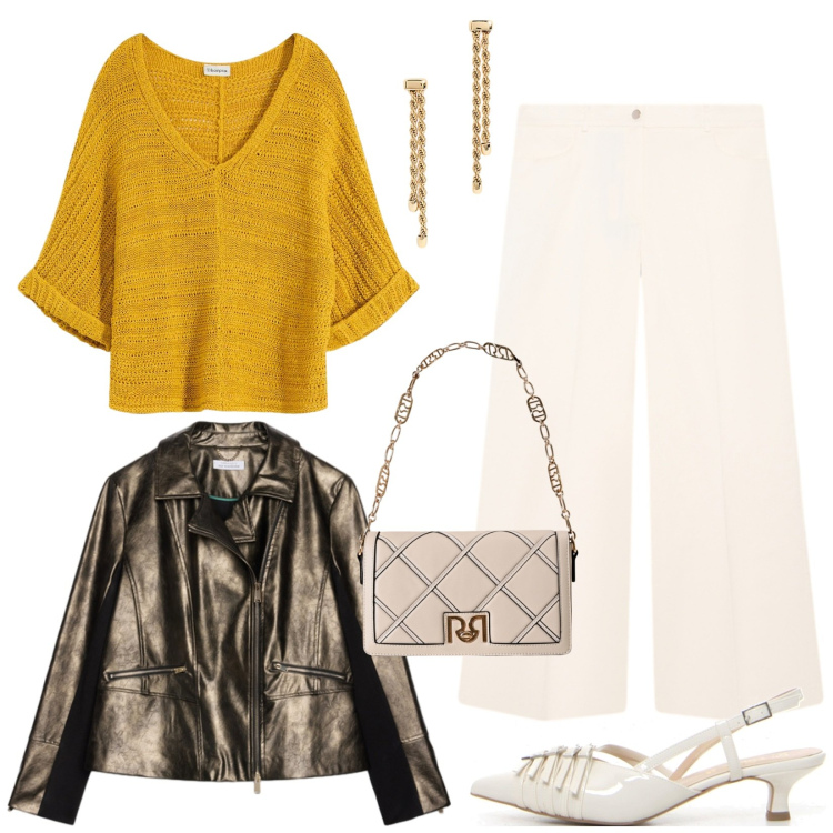 Outfit donna - Total look #2241323. Stile Casual chic per Serata fuori. Abbinamento con bluse, borse a tracolla, orecchini, décolleté, pantaloni a palazzo, blazer.