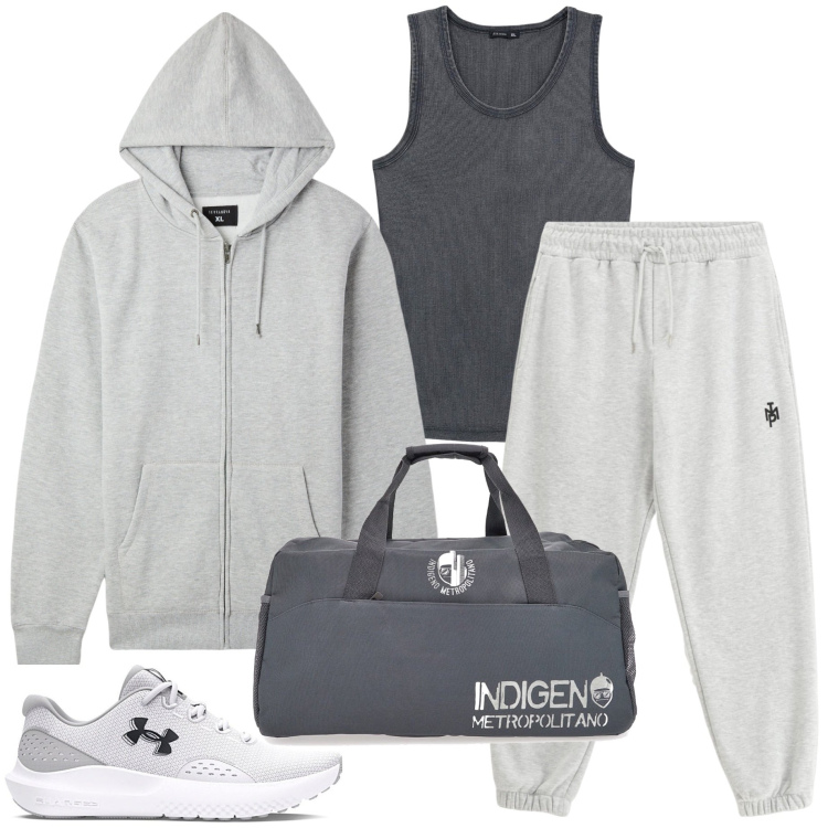 Outfit uomo - Allenamento dopo le vacanze. Stile Casual per Sport. Abbinamento con felpe con cappuccio, t-shirt sportive, pantaloni sportivi, borse sportive, scarpe sportive.