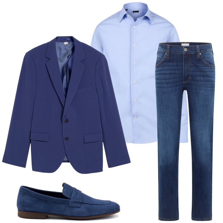 Outfit uomo - In ufficio. Stile Business/Elegante per Ufficio. Abbinamento con jeans dritti, giacche, camicie, scarpe stringate.