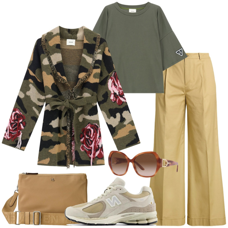 Outfit donna - Total look #2241331. Stile Casual chic per Tutti i giorni. Abbinamento con sneakers, cardigans, t-shirt, pantaloni, occhiali da sole, borse a tracolla.