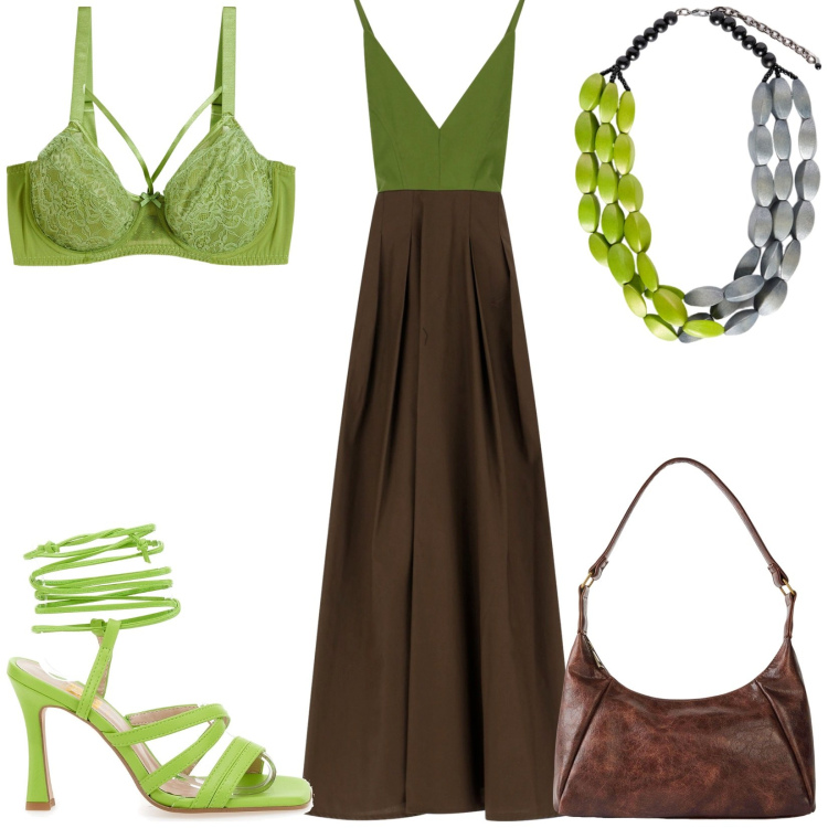 Outfit donna - Total look #2241333. Stile Chic per Serata fuori. Abbinamento con borse a mano, reggiseni, vestiti lunghi, sandali col tacco, collane.