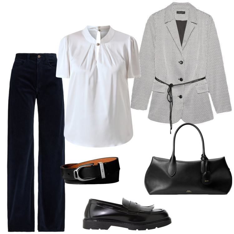 Outfit donna - Total look #2241334. Stile Chic per Serata fuori. Abbinamento con bluse, mocassini, braccialetti, borse a mano, pantaloni, blazer.