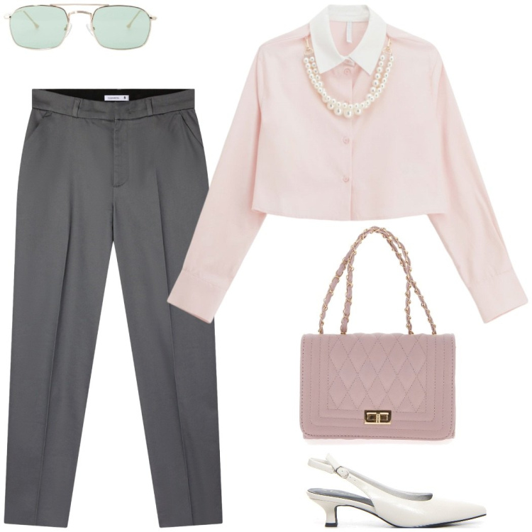 Outfit donna - Ritorno a scuola per la prof.. Stile Bon Ton per Scuola/Università. Abbinamento con pantaloni chino, camicie, occhiali da sole, décolleté, borse a tracolla.