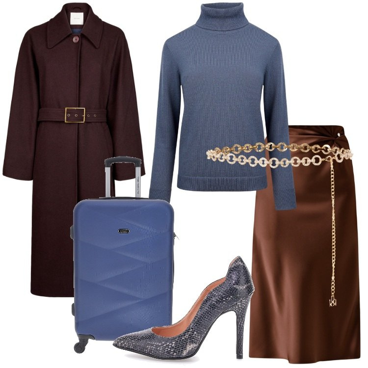 Outfit donna - In trasferta. Stile Chic per Ufficio. Abbinamento con gonne longuette, cinture, maglieria, valigie, cappotti, décolleté.