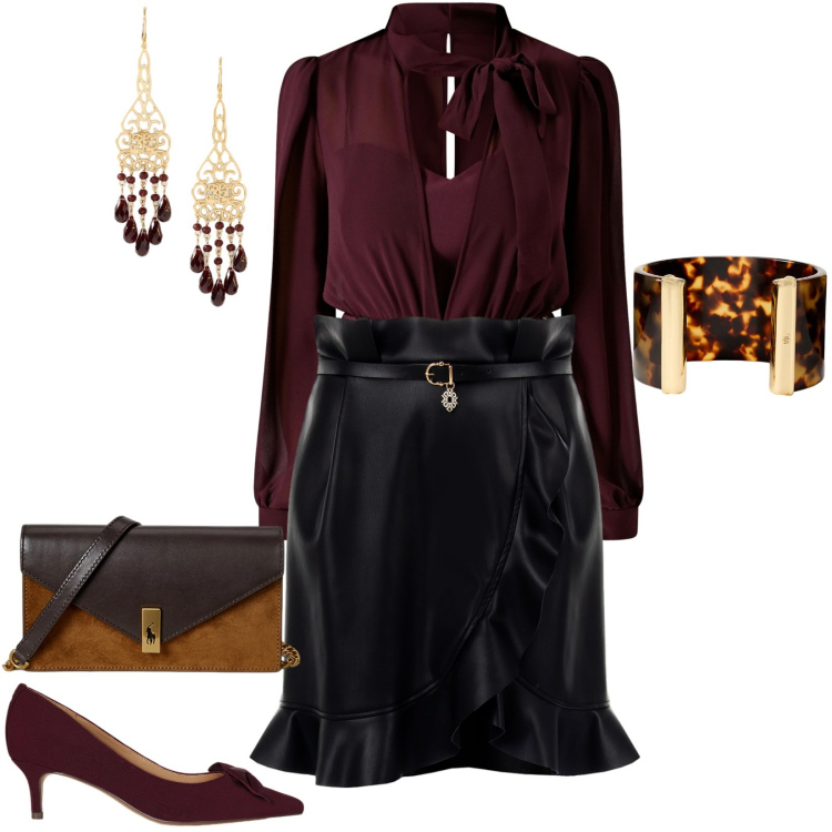 Outfit donna - Serata autunnale. Stile Chic per Serata fuori. Abbinamento con minigonne, bluse, braccialetti, décolleté, clutch, orecchini.