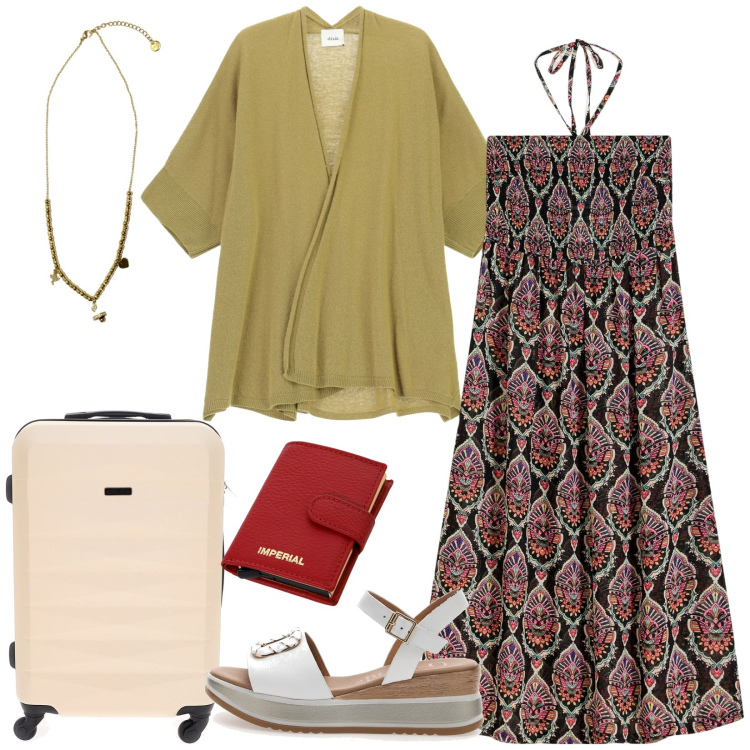 Outfit donna - Total look #2241351. Stile Casual per Mare. Abbinamento con vestiti da spiaggia, portafogli, ciondoli, cardigans, sandali, valigie.