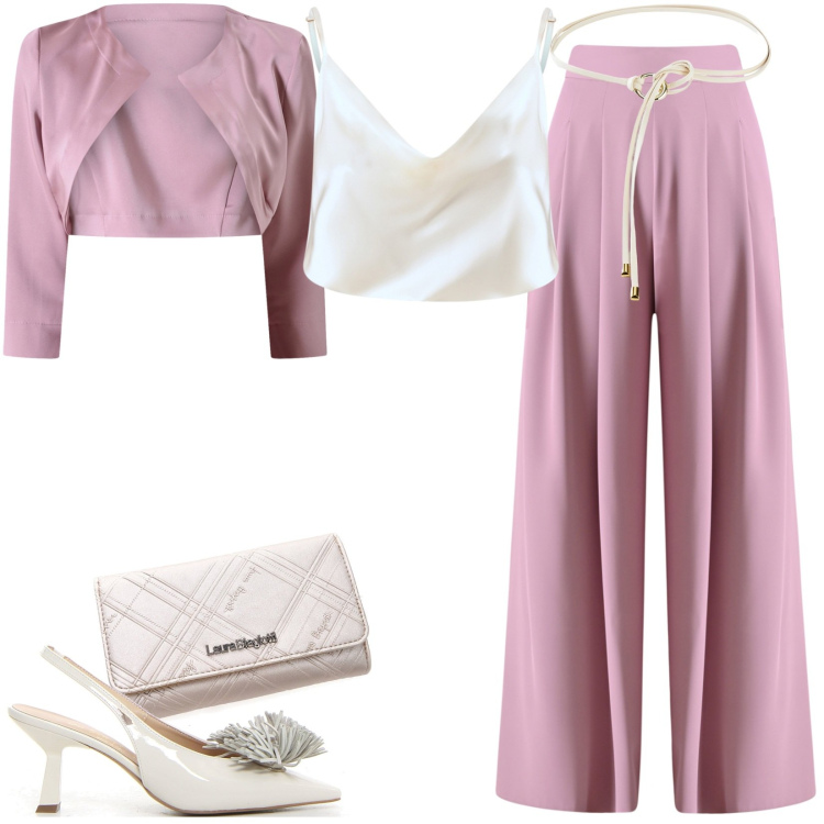 Outfit donna - Total look #2241357. Stile Chic per Tutti i giorni. Abbinamento con cinture, pantaloni a palazzo, canottiere, bolero, portafogli, décolleté.