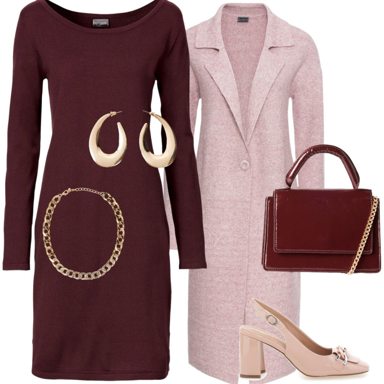 Outfit donna - Rosa d’autunno. Stile Bon Ton per Tutti i giorni. Abbinamento con vestiti lunghi, cappotti, orecchini, collane, borse a tracolla, décolleté.