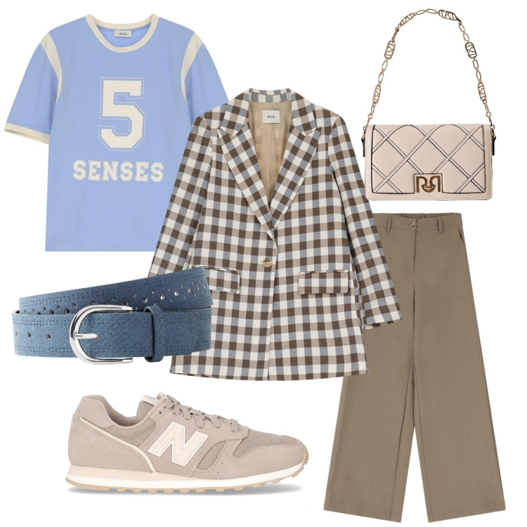 Outfit donna - Il blazer a quadretti. Stile Sporty chic per Tutti i giorni. Abbinamento con cinture, borse a tracolla, blazer, pantaloni a palazzo, t-shirt, sneakers.