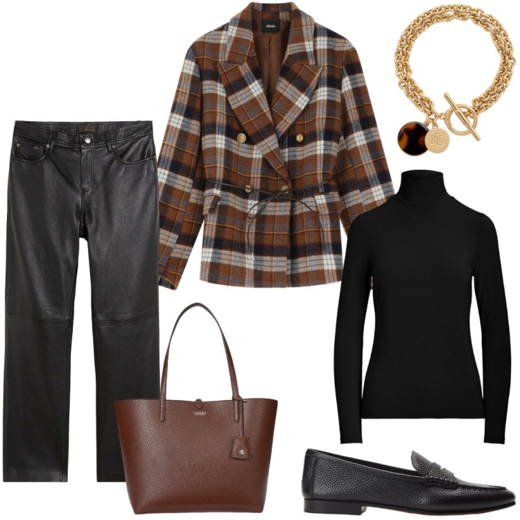 Outfit donna - Pantalone in pelle. Stile Glamour per Ufficio. Abbinamento con pantaloni, blazer, borse tote, top, braccialetti con ciondoli, mocassini.