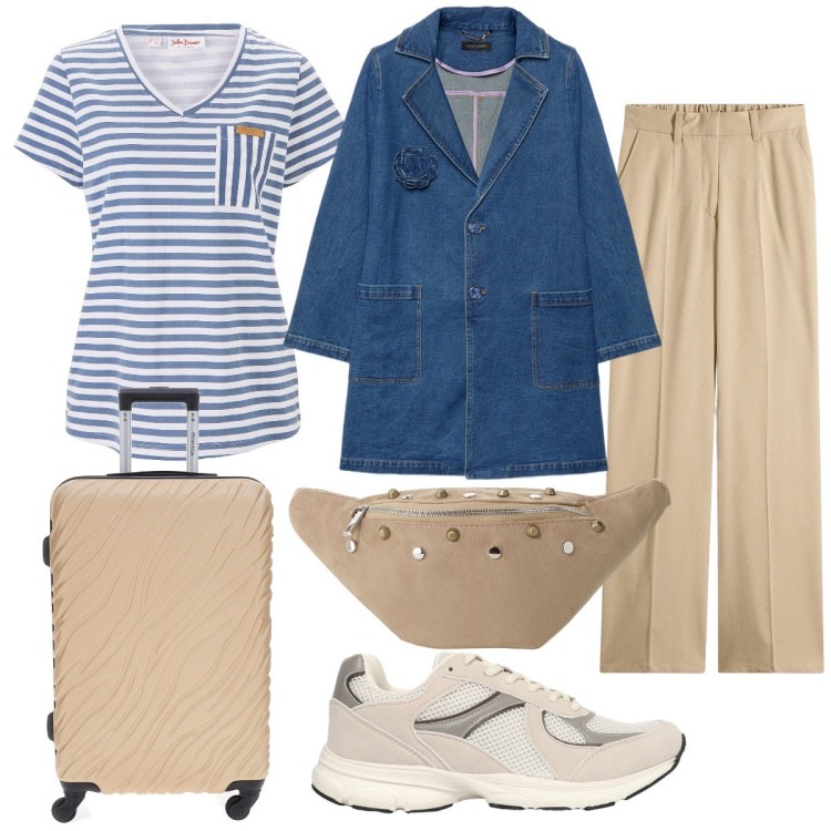 Outfit donna - Rientro in città. Stile Sporty chic per Tutti i giorni. Abbinamento con t-shirt, pantaloni, sneakers, marsupi, trench, valigie.