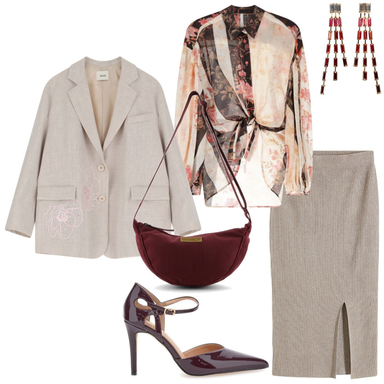 Outfit donna - La gonna a matita in maglia. Stile Trendy per Ufficio. Abbinamento con orecchini, gonne, camicie, blazer, décolleté, borse a tracolla.