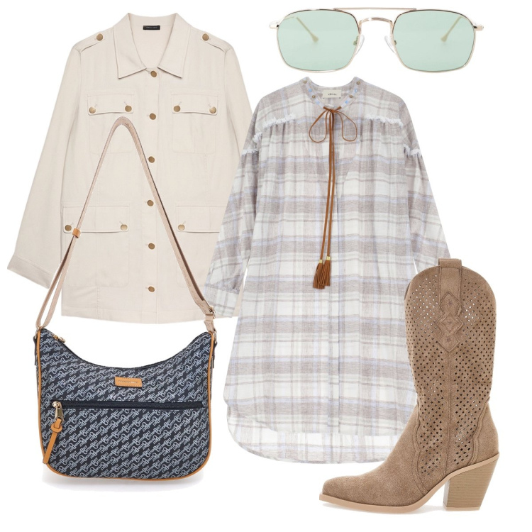 Outfit donna - Etnico per l’autunno. Stile Etnico per Tutti i giorni. Abbinamento con occhiali da sole, vestiti, blazer, stivaletti, borse a tracolla.