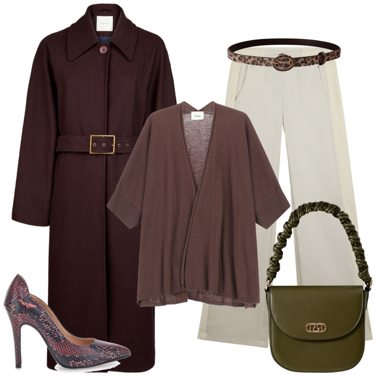 Outfit donna - pomeriggio autunnale. Stile Casual chic per Tutti i giorni. Abbinamento con cinture, borse a mano, cardigans, pantaloni, cappotti, décolleté.