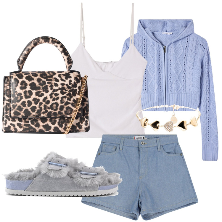 Outfit donna - La borsa che vorrei. Stile Glamour per Tutti i giorni. Abbinamento con borse a tracolla, cardigans, canottiere, shorts, braccialetti, sandali in pelle.