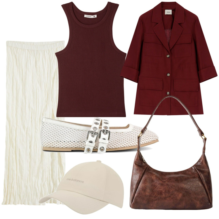 Outfit donna - Cream and coffee. Stile Glamour per Tutti i giorni. Abbinamento con gonne lunghe, borse a mano, top, cappelli con visiera, blazer, ballerine.