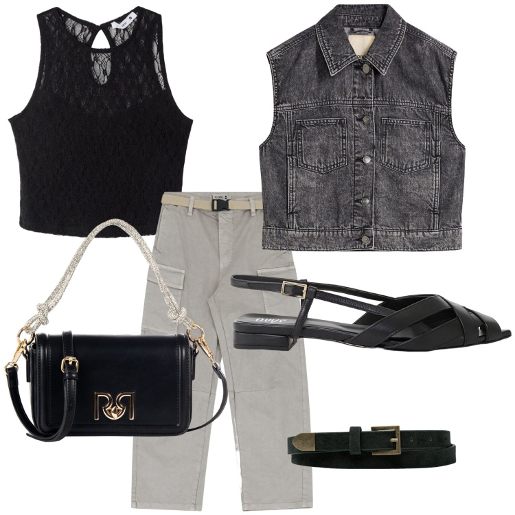 Outfit donna - Pizzo e cargo. Stile Urban per Tutti i giorni. Abbinamento con gilet, top, borse a mano, pantaloni chino, sandali, cinture.