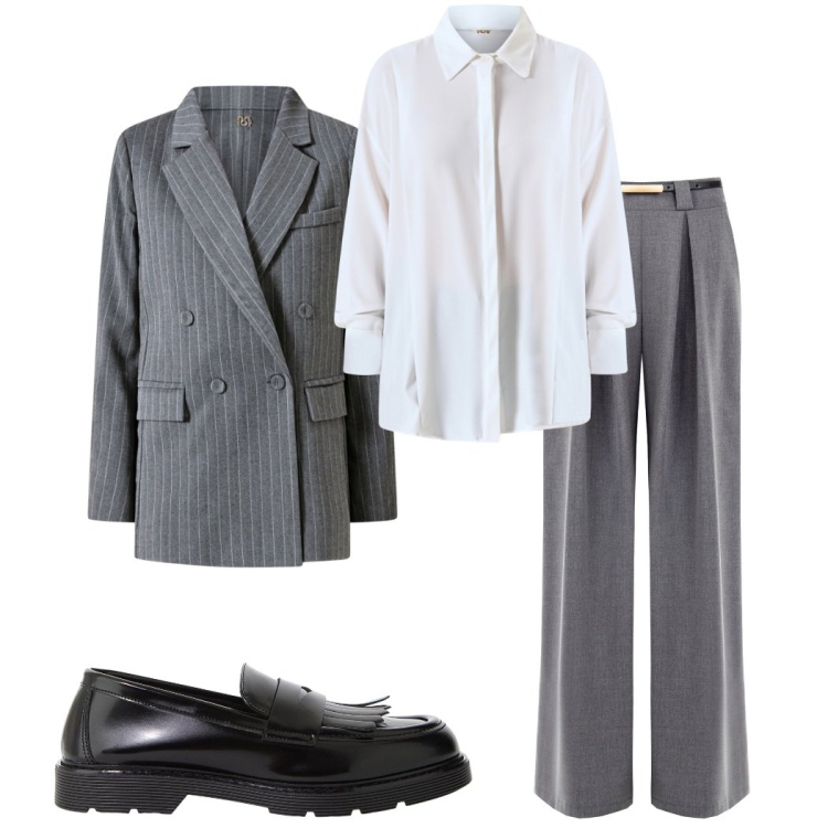 Outfit donna - Blazer season. Stile Sporty chic per Serata fuori. Abbinamento con blazer, pantaloni a palazzo, camicie, mocassini.