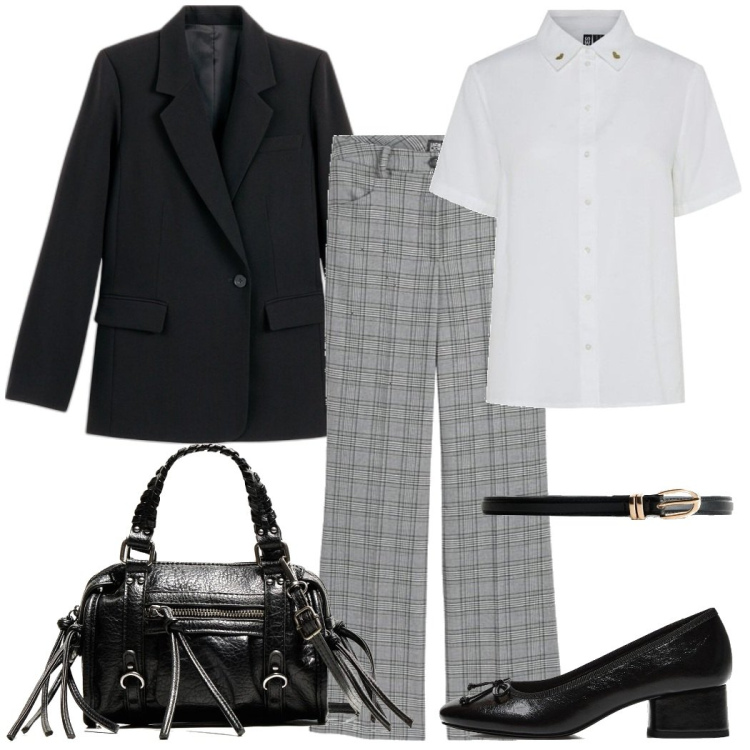 Outfit mujer - Working Chic. Estilo Urban para Escuela/Universidad. Combinación con pantalones, camisas de manga corta, bailarinas, cinturones, blazers, bolsos de mano.