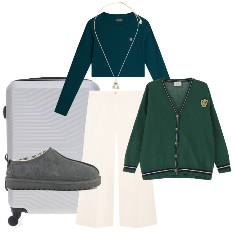 Outfit donna - Il cardigan stile college. Stile Trendy per Tutti i giorni. Abbinamento con maglieria, ciondoli, cardigans, valigie, pantaloni a palazzo, sabot.