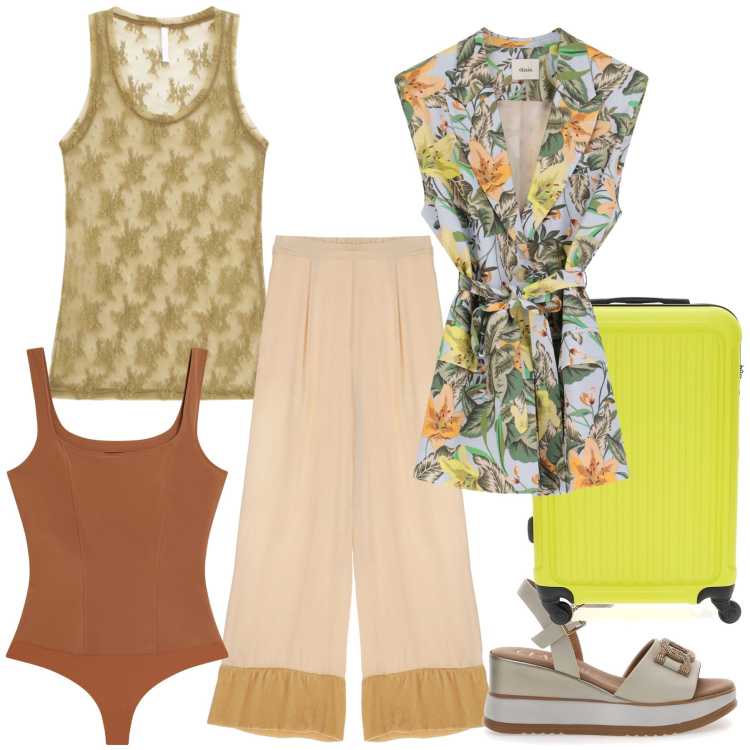 Outfit donna - Mix. Stile Trendy per Tutti i giorni. Abbinamento con canottiere, body, gilet, pantaloni a palazzo, sandali in pelle, valigie.