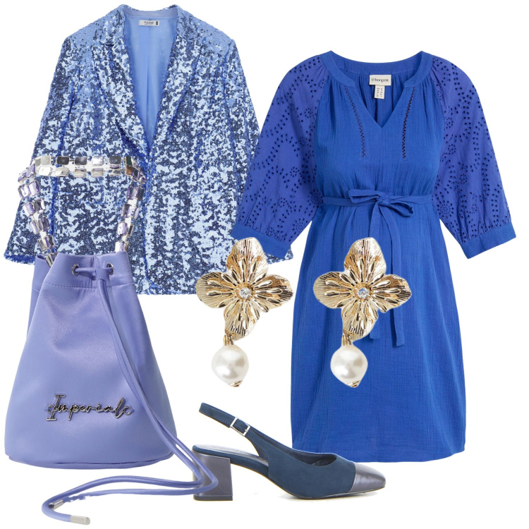 Outfit donna - Paillettes per la cerimonia. Stile Bon Ton per Cerimonia. Abbinamento con vestiti midi/longuette, blazer, borse a secchiello, orecchini, décolleté.