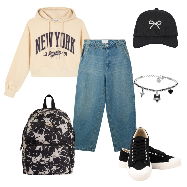 Outfit donna - Total look #2241396. Stile Casual chic per Tutti i giorni. Abbinamento con jeans, cappelli con visiera, felpe con cappuccio, zaini, braccialetti, sneakers.