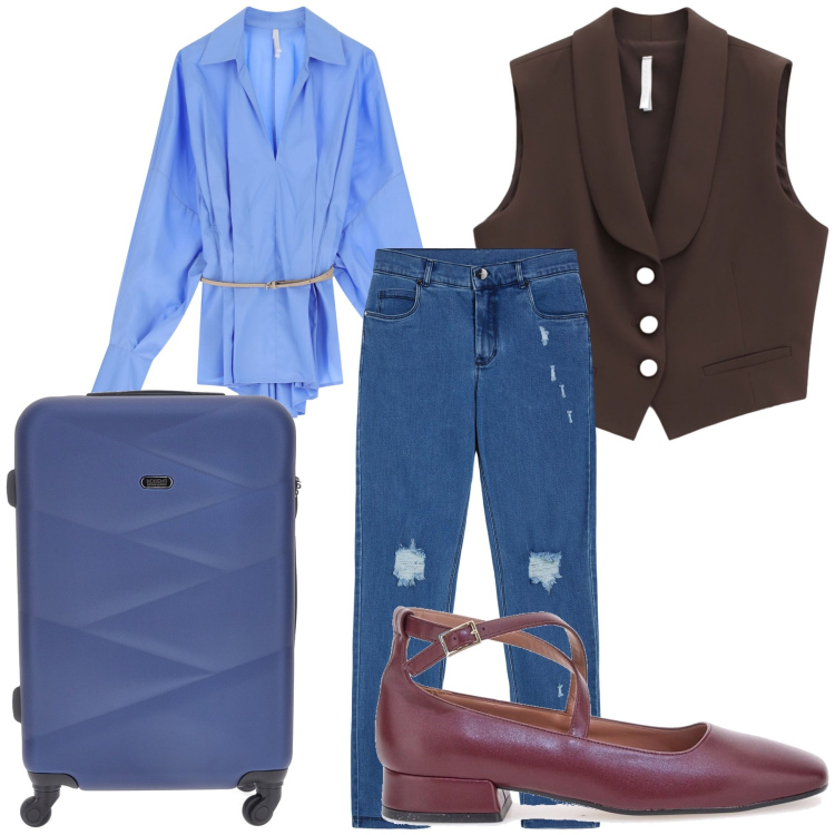 Outfit donna - Viaggio in gilet. Stile Casual chic per Tutti i giorni. Abbinamento con camicie, gilet, jeans skinny, valigie, ballerine.