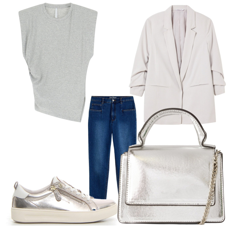 Outfit donna - Semplice. Stile Minimal per Tutti i giorni. look ideale per Petite. Abbinamento con jeans mom, blazer, borse a tracolla, top, sneakers.