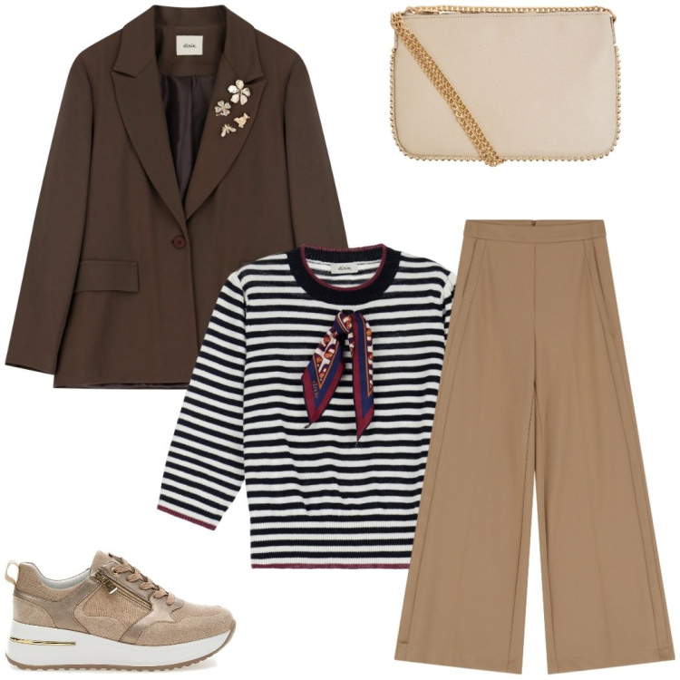Outfit donna - Blazer con le spille. Stile Urban per Tutti i giorni. Abbinamento con borse a tracolla, pantaloni a palazzo, maglieria, blazer, scarpe stringate.
