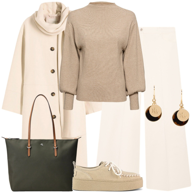 Outfit donna - Minimal chic neutral. Stile Minimal per Tutti i giorni. Abbinamento con maglieria, cappotti, borse tote, orecchini, mocassini, pantaloni a palazzo.