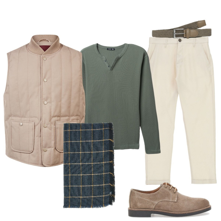 Outfit uomo - In città. Stile Trendy per Tutti i giorni. Abbinamento con cinture, t-shirt, pantaloni, scarpe stringate, piumini, sciarpe.