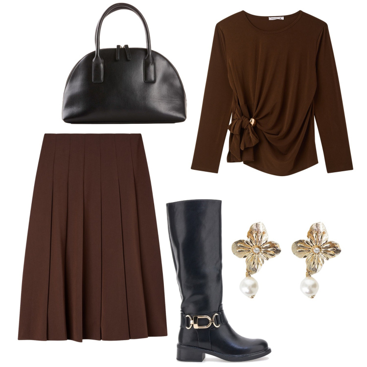 Outfit donna - Gonna lunga e stivali. Stile Glamour per Tutti i giorni. Abbinamento con shopping bag, t-shirt, gonne lunghe, orecchini, stivali.