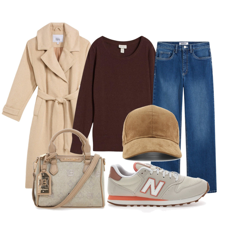Outfit donna - Autunno idea outfit. Stile Casual per Tutti i giorni. Abbinamento con maglieria, cappotti, jeans, borse a tracolla, sneakers, cappelli con visiera.