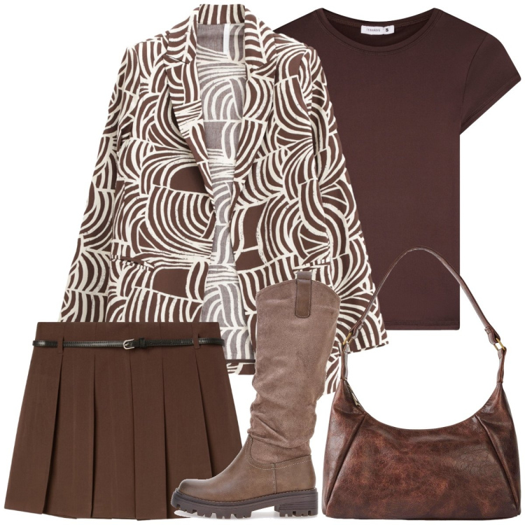 Outfit donna - Castagne in arrivo. Stile Casual per Tutti i giorni. Abbinamento con borse a mano, minigonne, t-shirt, blazer, stivali.