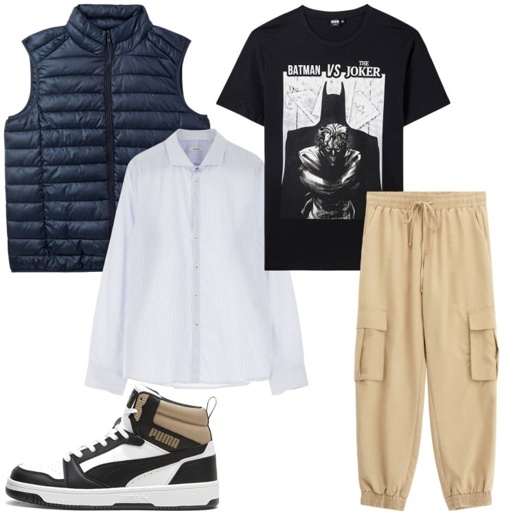 Outfit uomo - Rilassato. Stile Urban per Tutti i giorni. Abbinamento con t-shirt, piumini, pantaloni cargo, camicie, sneakers alte.