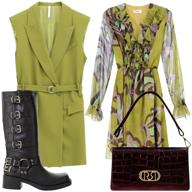 Outfit donna - Rock and green. Stile Casual chic per Serata fuori. Abbinamento con borse a mano, gilet, vestiti, stivali.