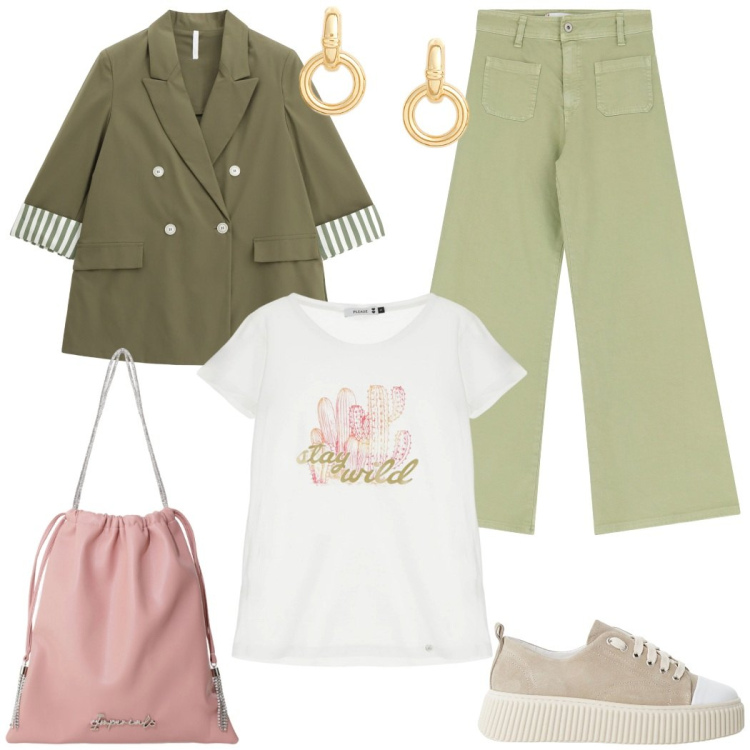 Outfit donna - Manica a tre quarti. Stile Urban per Tutti i giorni. Abbinamento con t-shirt, jeans, sneakers, blazer, borse a secchiello, orecchini.